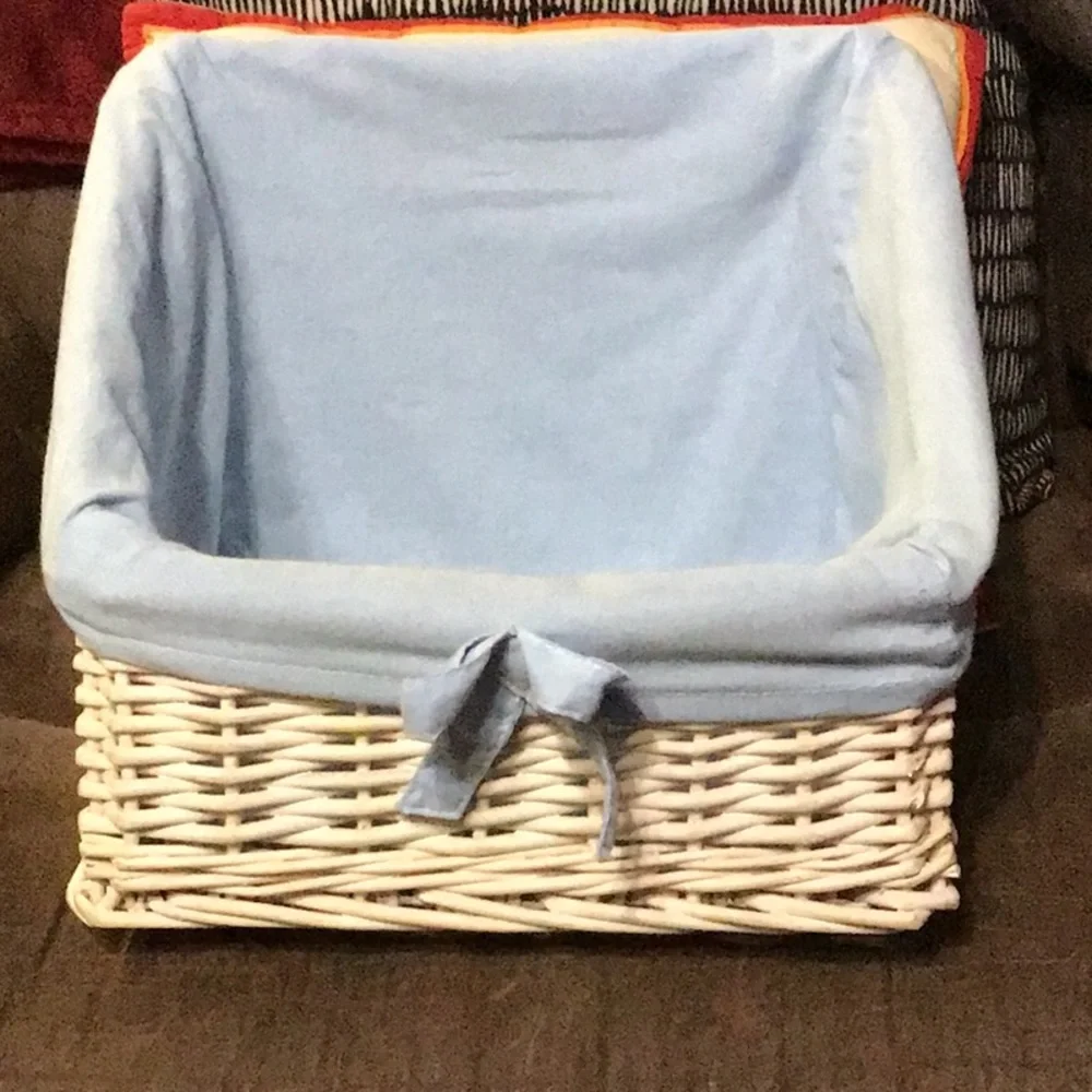 Pottery Barn Wicker Basket With Blue Lining